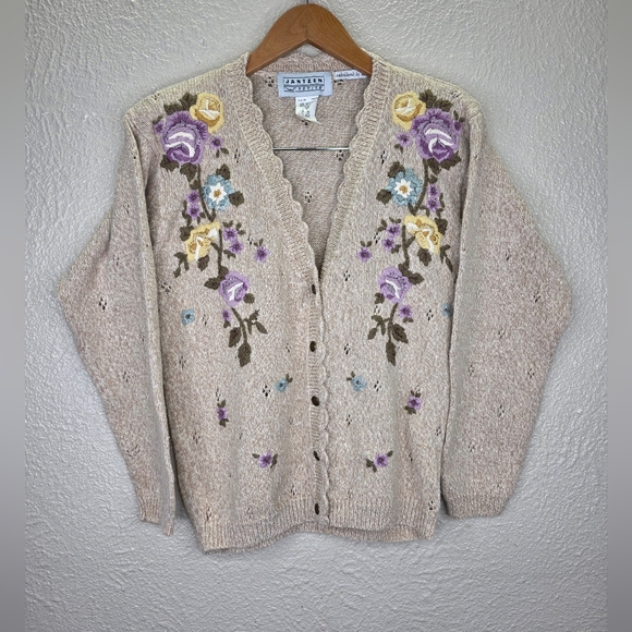 Vintage 90s Jantzen Petite Beige Cardigan Floral Embroidery Cotton Size Small - Picture 2 of 15